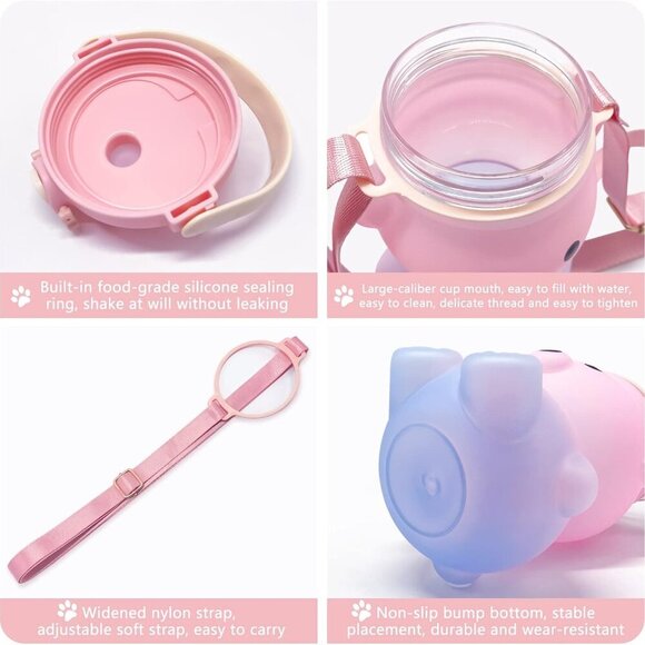 Cute Bear Water Bottle: 32oz Kawaii Kids Water Bottles with Strap and Straw - Le - Picture 5 of 7